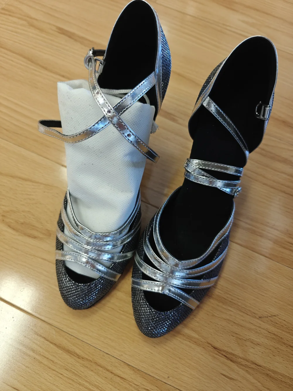 Women's Silver and Black Strappy Ballroom Heels